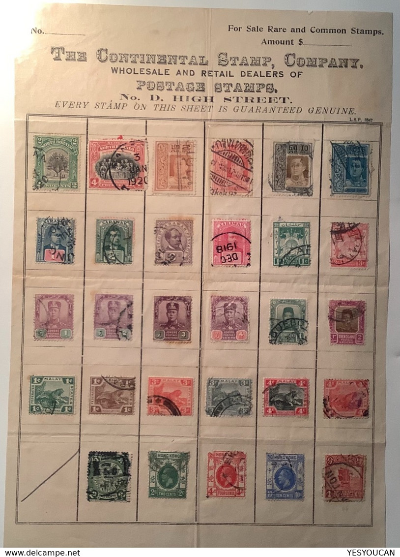HISTORY OF PHILATELY SINGAPORE: THE CONTINENTAL STAMP CO DEALER Souvenir Sheet BRUNEI SIAM NORTH BORNEO MALAYSIAN STATES - Straits Settlements