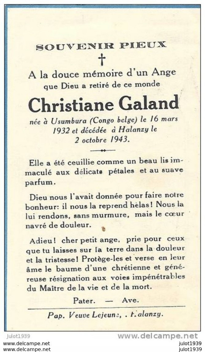 HALANZY ..-- Mademoiselle Christiane GALAND , Née En 1932 à USUMBURA , Décéde En 1943 à HALANZY . . - Aubange