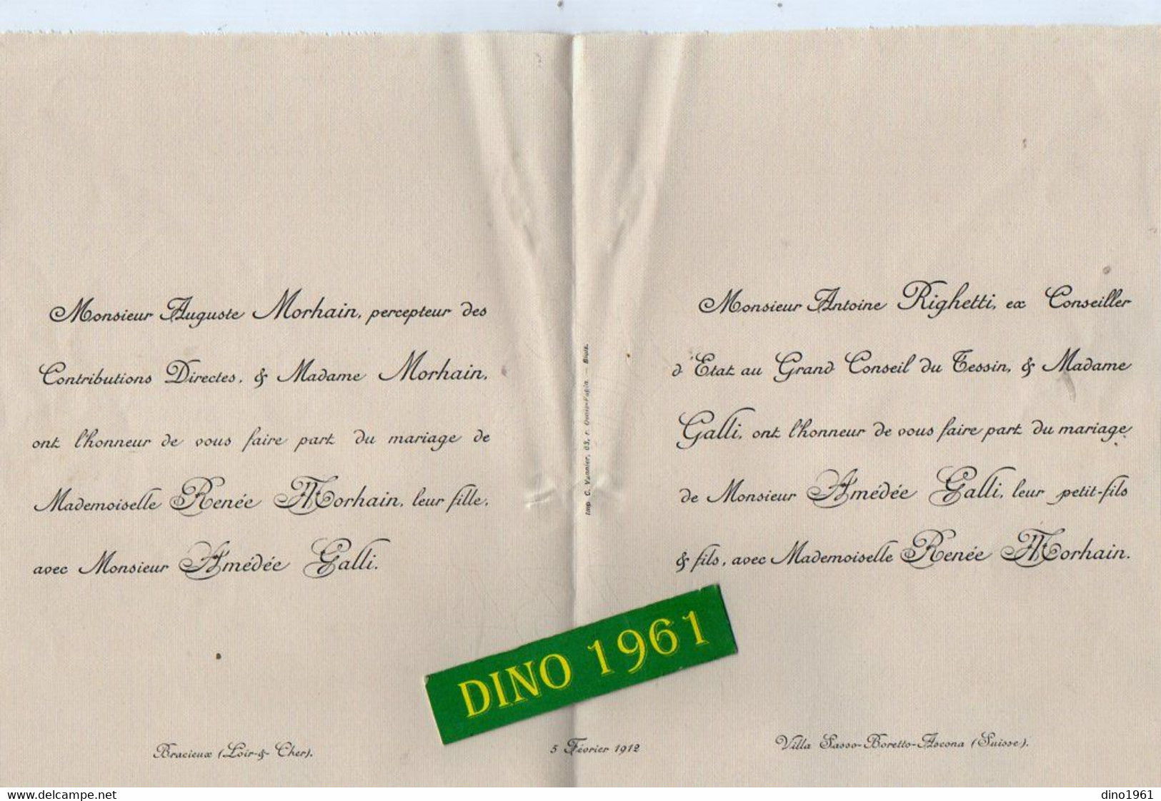 VP20.093 - BRACIEUX X Villa SASSO - BOETTO - ASCONA 1912 - Faire Part De Mariage / Mr Amédée GALLI & Melle Renée MORHAIN - Annunci Di Nozze