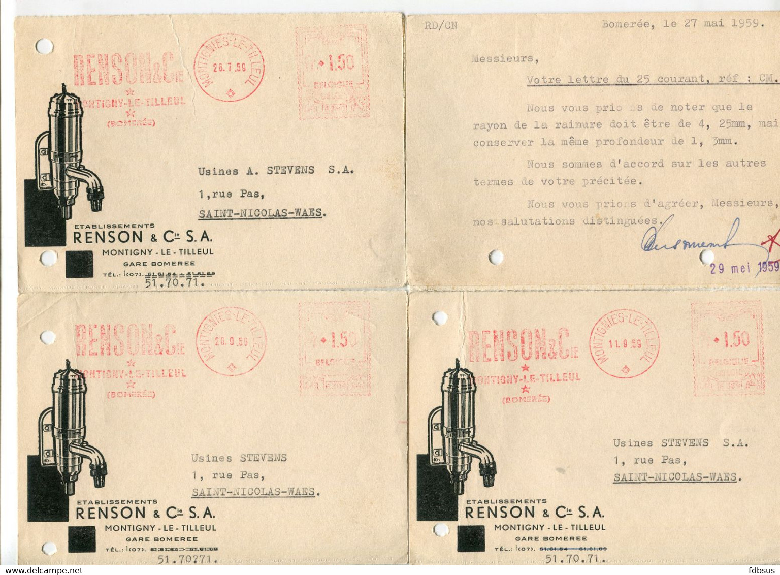 1959  4 Kaarten Ets RENSON & Cie S.A. Montigny Le Tilleul Gare Bomerée Naar St Nicolas - Ref 112 - ...-1959