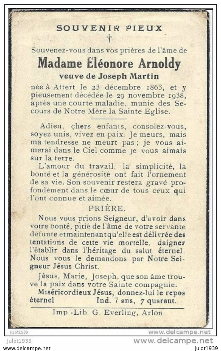 ATTERT ..-- Mme Eléonore ARNOLDY , Veuve De Mr Joseph MARTIN , Née En 1863 , Décédée En 1938 . - Attert