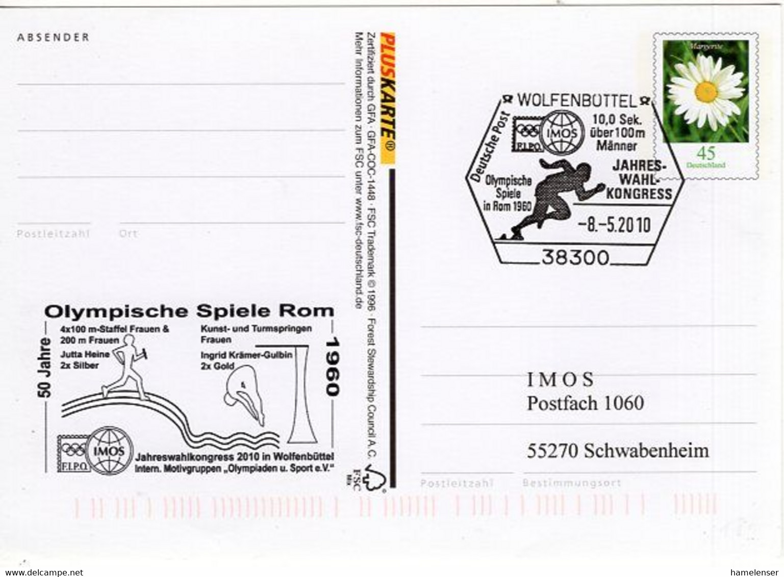 52673 - Bund - 2010 - 45c Blumen Pluskte M Zudruck "50 Jahre Olympische Spiele Rom" SoStpl WOLFENBUETTEL - ... -> ... - Verano 1960: Roma