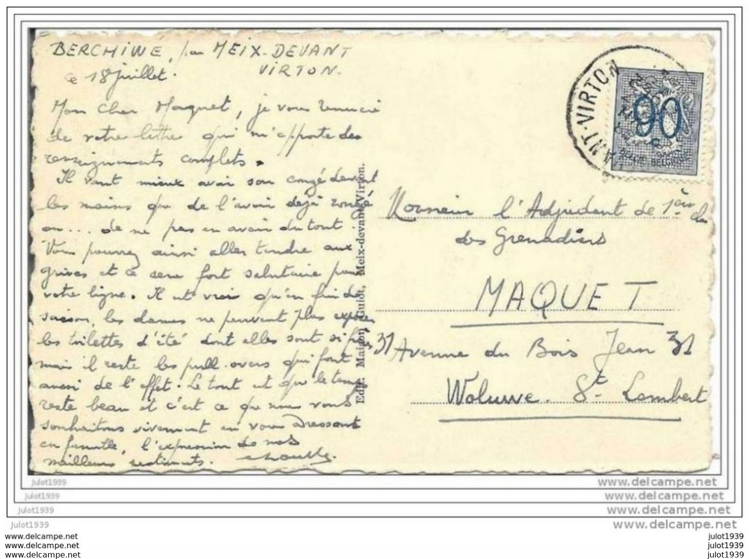 BERCHIWE ..--  Le Vieux MOULIN . 1952 Vers WOLUWE ( Mr MAQUET , Adjudant Des Grenadiers) . Voir Verso . - Meix-devant-Virton