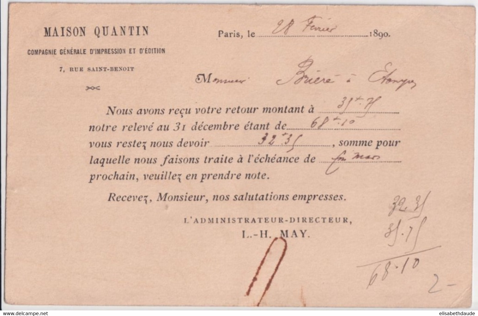 1890 - REPIQUAGE MAISON QUANTIN Sur CARTE ENTIER SAGE De PARIS => ETAMPES - Bijgewerkte Postkaarten  (voor 1995)