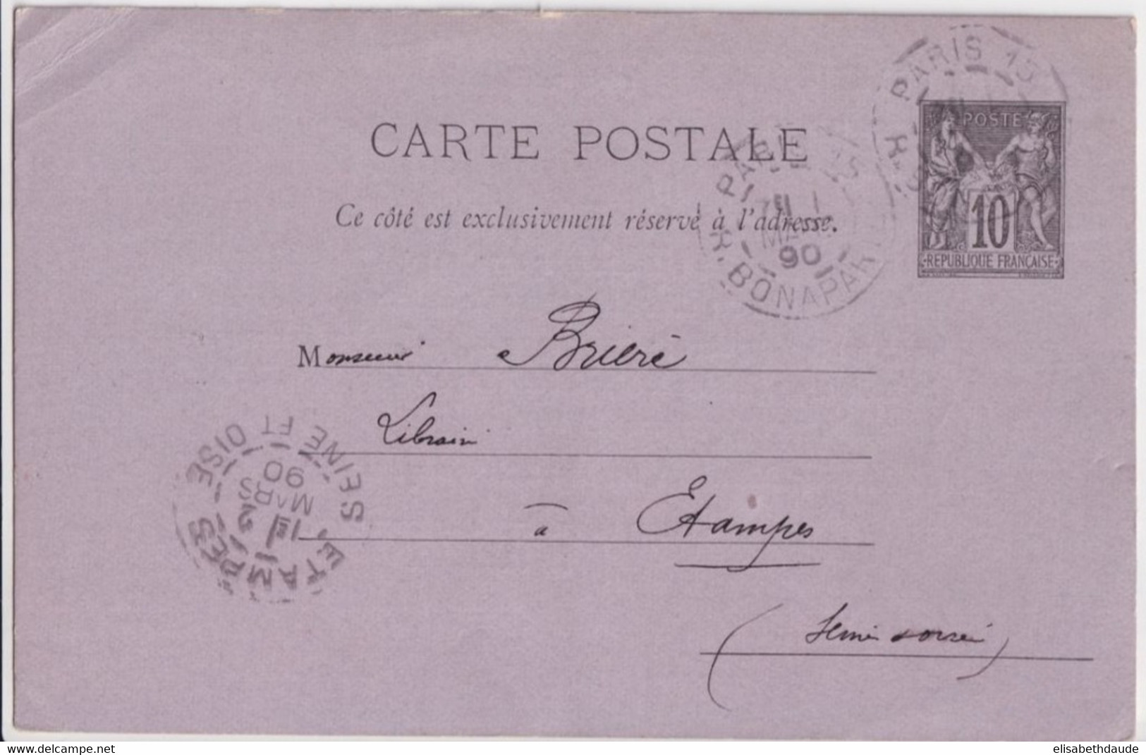 1890 - REPIQUAGE MAISON QUANTIN Sur CARTE ENTIER SAGE De PARIS => ETAMPES - Postales  Transplantadas (antes 1995)