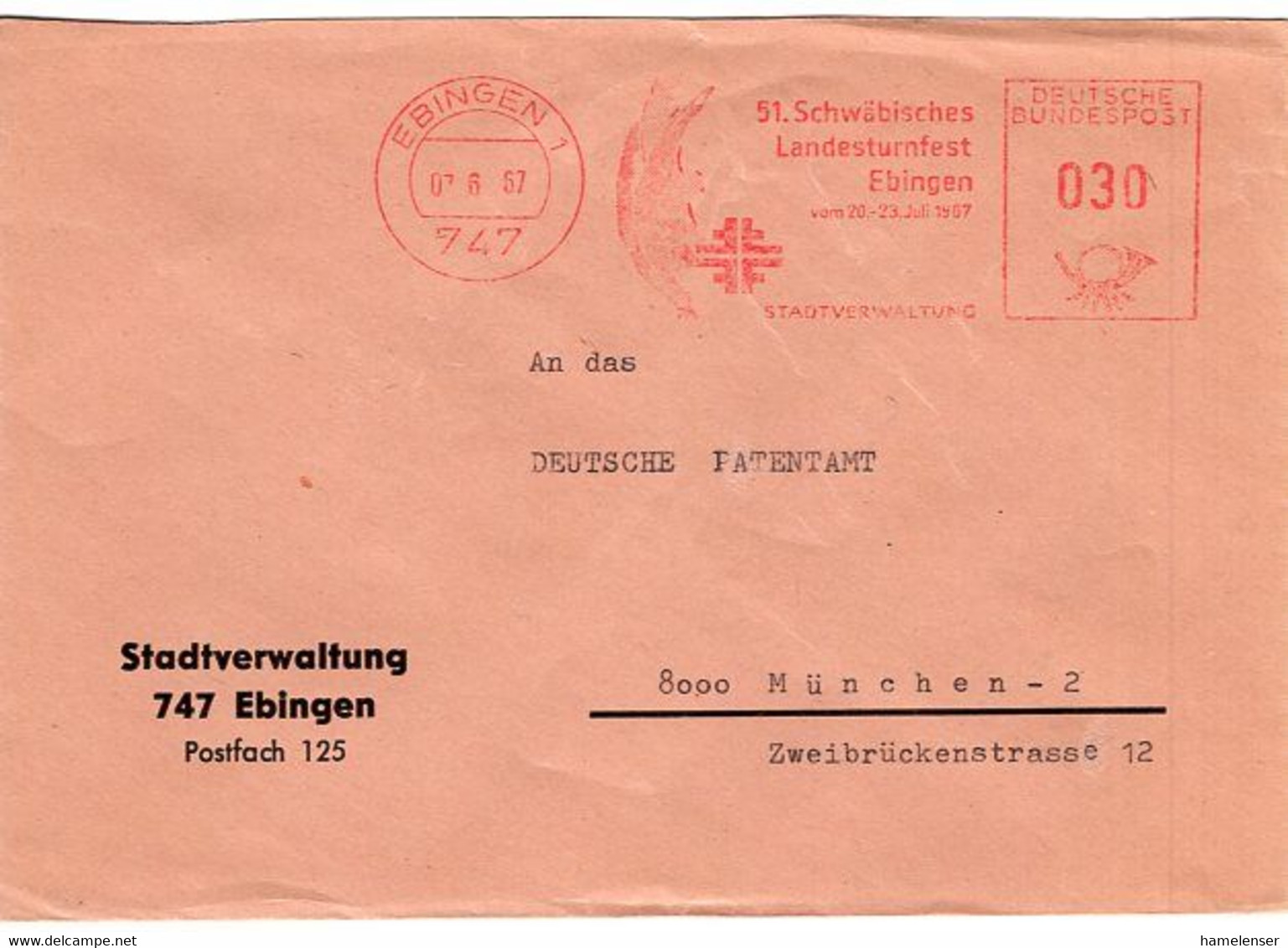 52688 - Bund - 1967 - 30Pfg AbsFreistpl EBINGEN - 51. SCHWAEBISCHES LANDESTURNFEST ... -> Muenchen - Gymnastiek