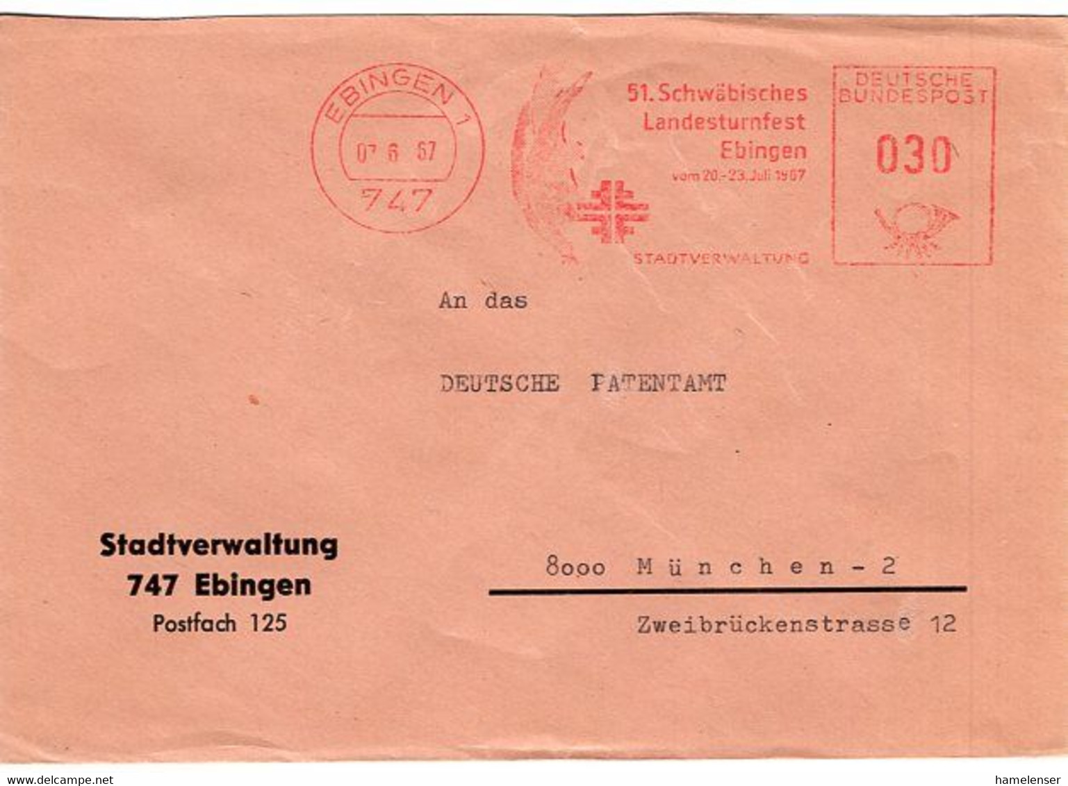 52688 - Bund - 1967 - 30Pfg AbsFreistpl EBINGEN - 51. SCHWAEBISCHES LANDESTURNFEST ... -> Muenchen - Gymnastics