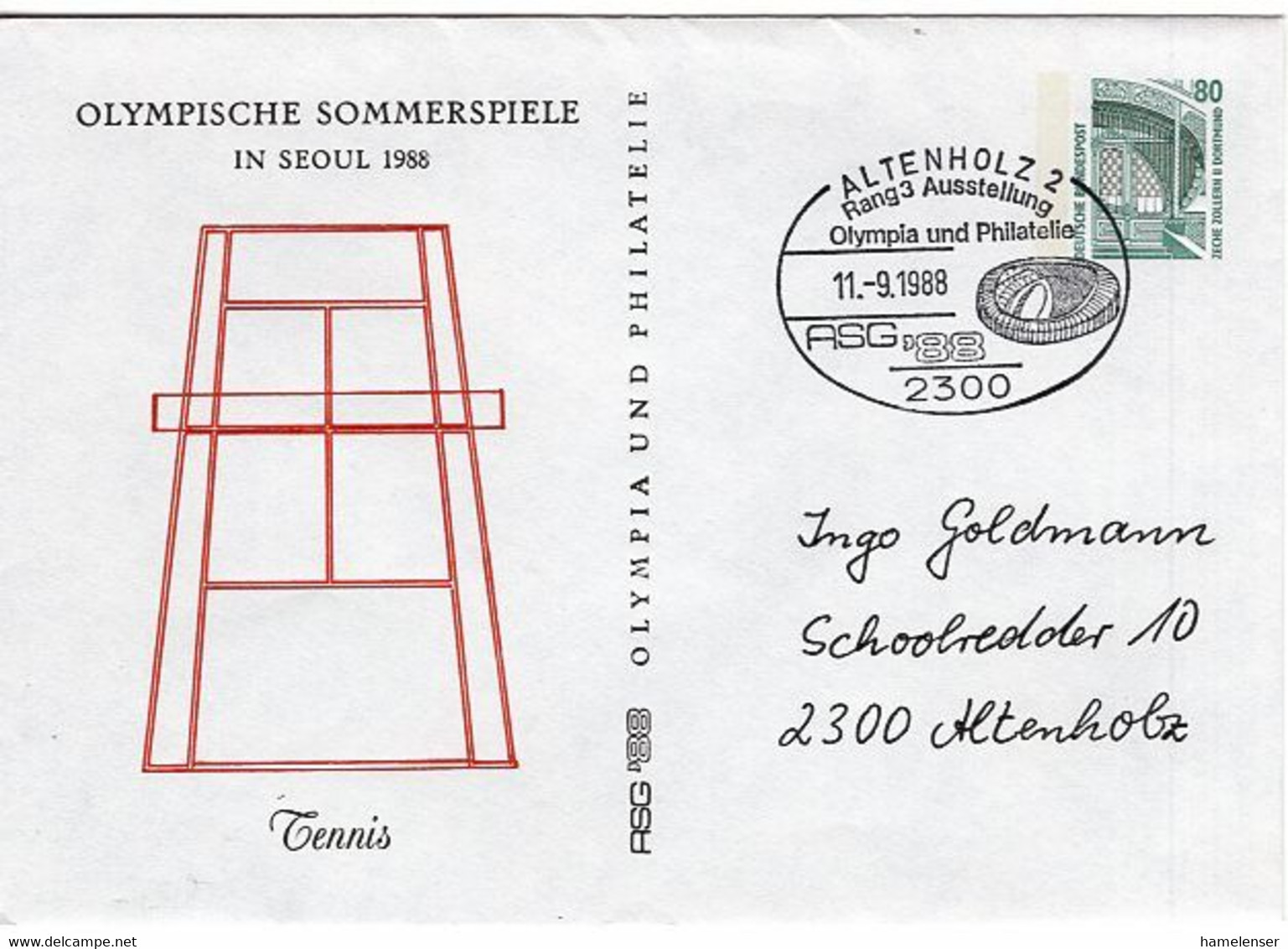 52694 - Bund - 1988 - 80Pfg SWK PGAUmschl "Olympiade Seoul" SoStpl ALTENHOLZ - ... OLYMPIA UND PHILATELIE .... - Verano 1988: Seúl