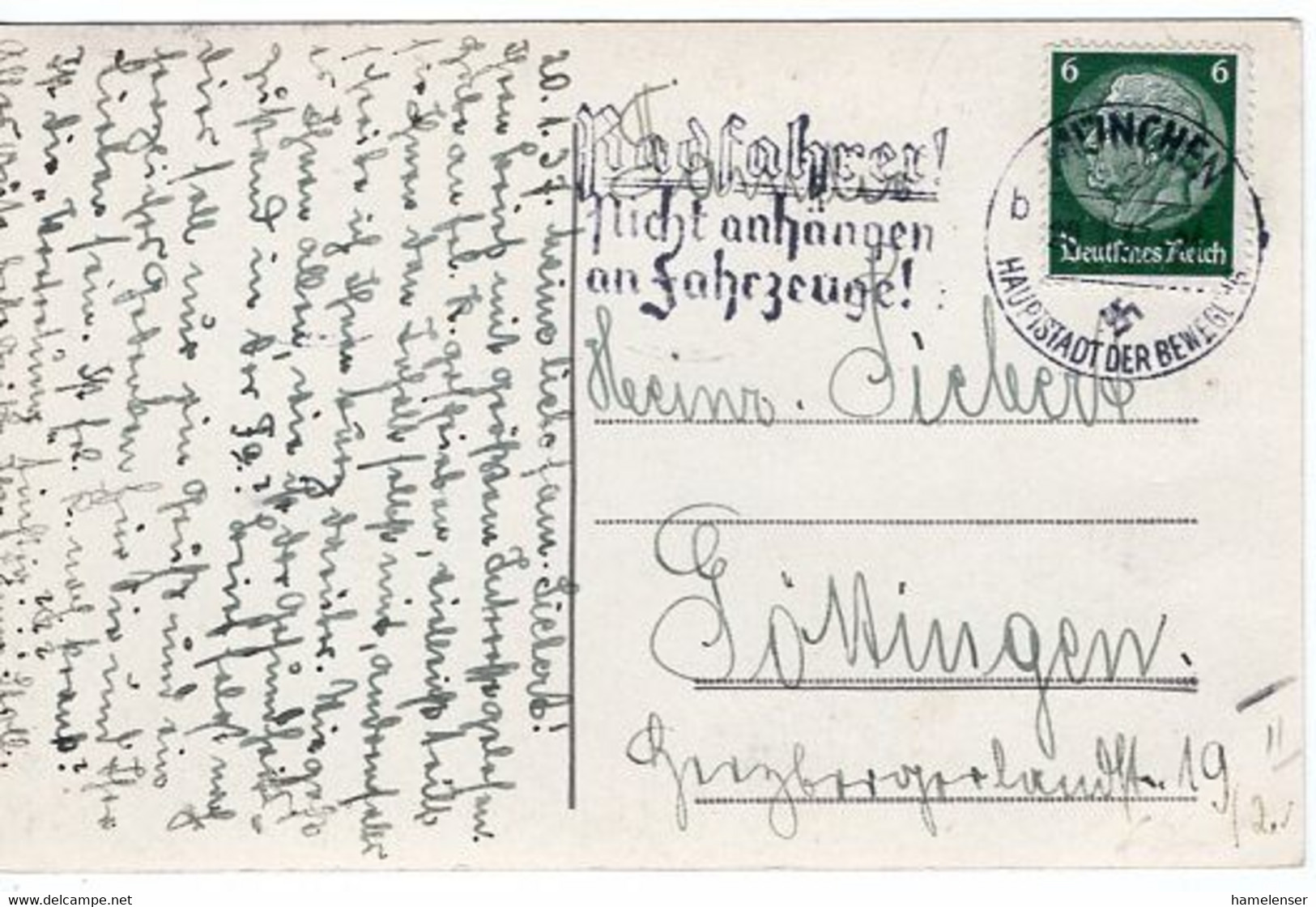 52697 - Deutsches Reich - 1937 - 6Pfg Hindenburg EF A AnsKte MUENCHEN - RADFAHER! NICHT ANHAENGEN ... -> Goettingen - Altri (Terra)