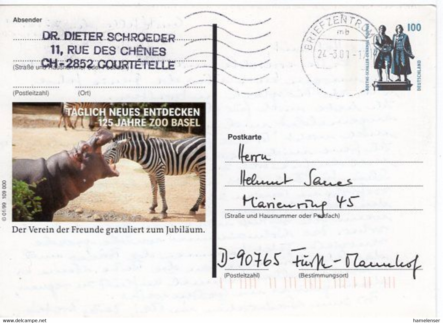52703 - Bund - 2001 - 100Pfg SWK PGAKte "125 Jahre Zoo Basel" BRIEFZENTRUM 79 -> Fuerth - Rinoceronti