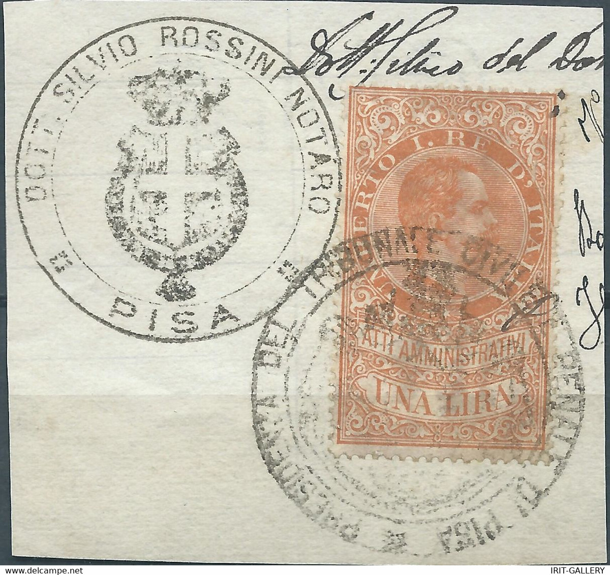 ITALIA-ITALY-ITALIEN,1885 Atti Amministrativi,1L,Revenue Fiscal-Tax ,Obliterated On The Document Fragment - Revenue Stamps