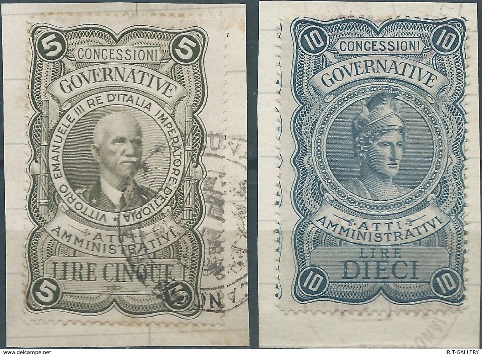 ITALIA-ITALY-ITALIEN,1937/1946 Atti Amministrativ,Revenue Fiscal -Tax,5&10Lire,Obliterated On The Document Fragment - Steuermarken