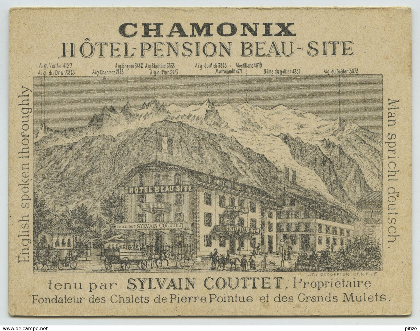 Carte Publicitaire De L'Hôtel-pension Beau-Site Tenu Par Le Guide Sylvain Couttet à Chamonix. Mont-Blanc. Vers 1890. - Advertising