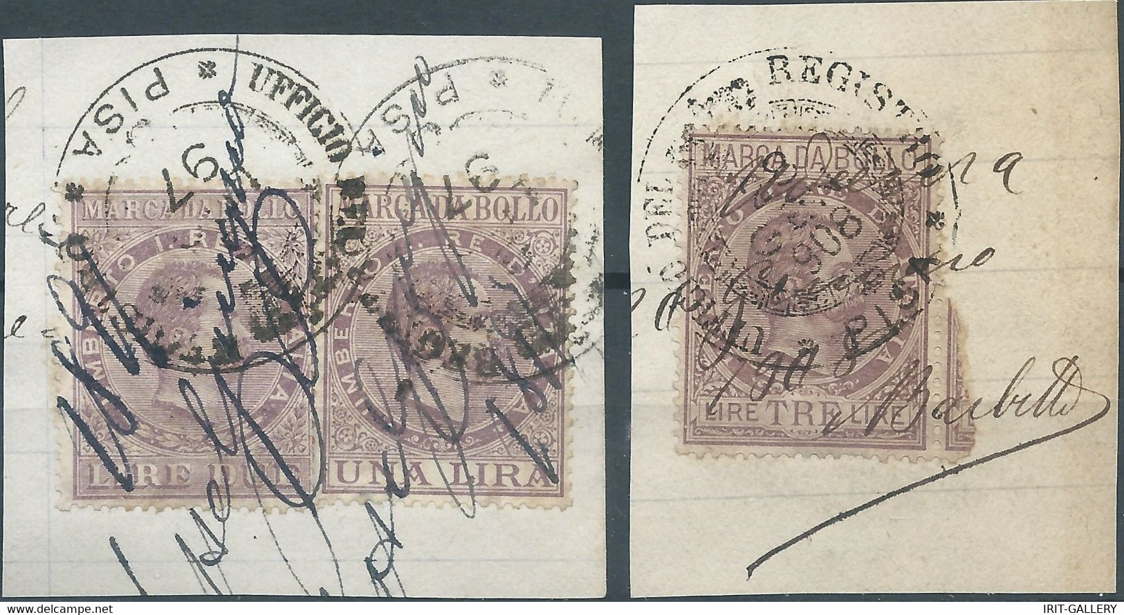 ITALIA-ITALY-ITALIEN,1885/98,Marca Da Bollo,Revenue Fiscal -Tax,1-2-3Lire,Obliterated On The Document Fragment - Revenue Stamps