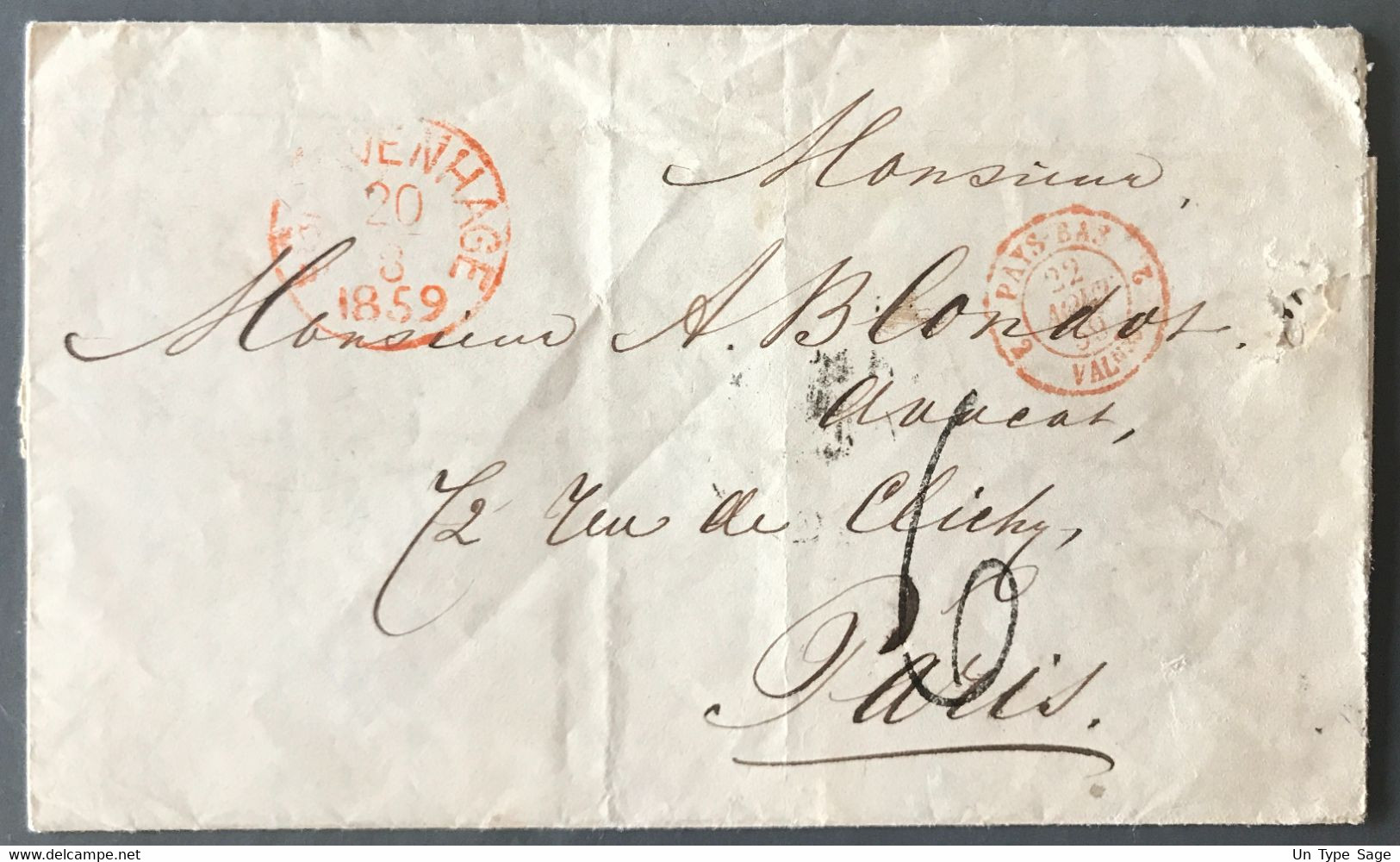 France TAD D'entrée PAYS-BAS VALnne 22.8.1859 Sur Lettre De Copenhage Pour Paris - (A1655) - Entry Postmarks