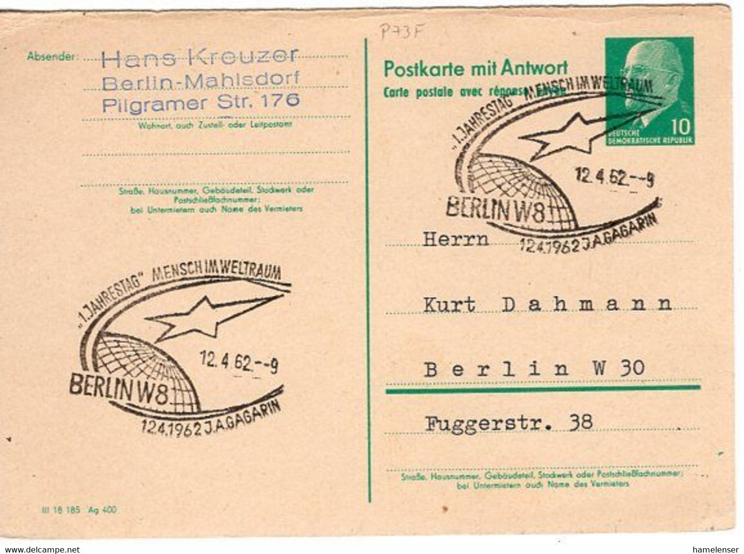 52715 - DDR - 1962 - 10Pfg Ulbricht GAAntwKte (Frageteil) SoStpl BERLIN - 1. JAHRESTAG MENSCH IM WELTRAUM ... -> - Europa