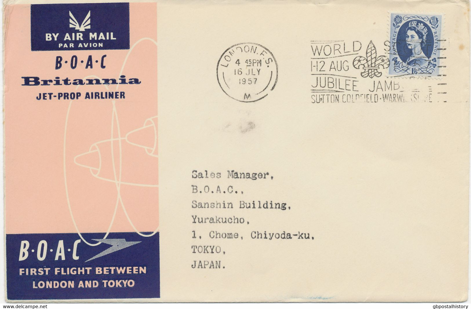 GB 1957 QEII 1sh 6d Right Postage Rate On B.O.A.C. Britannia Jet-Prop Airliner, Superb Maiden Flight LONDON - TOKYO - Briefe U. Dokumente