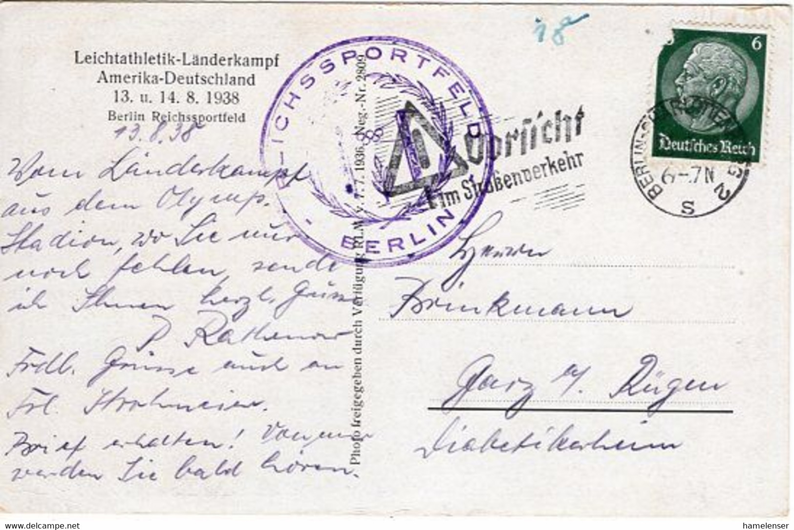 52767 - Deutsches Reich - 1938 - AnsKte "Leichtathletik-Laenderkampf Deutschland-USA", Gebraucht - Atletismo