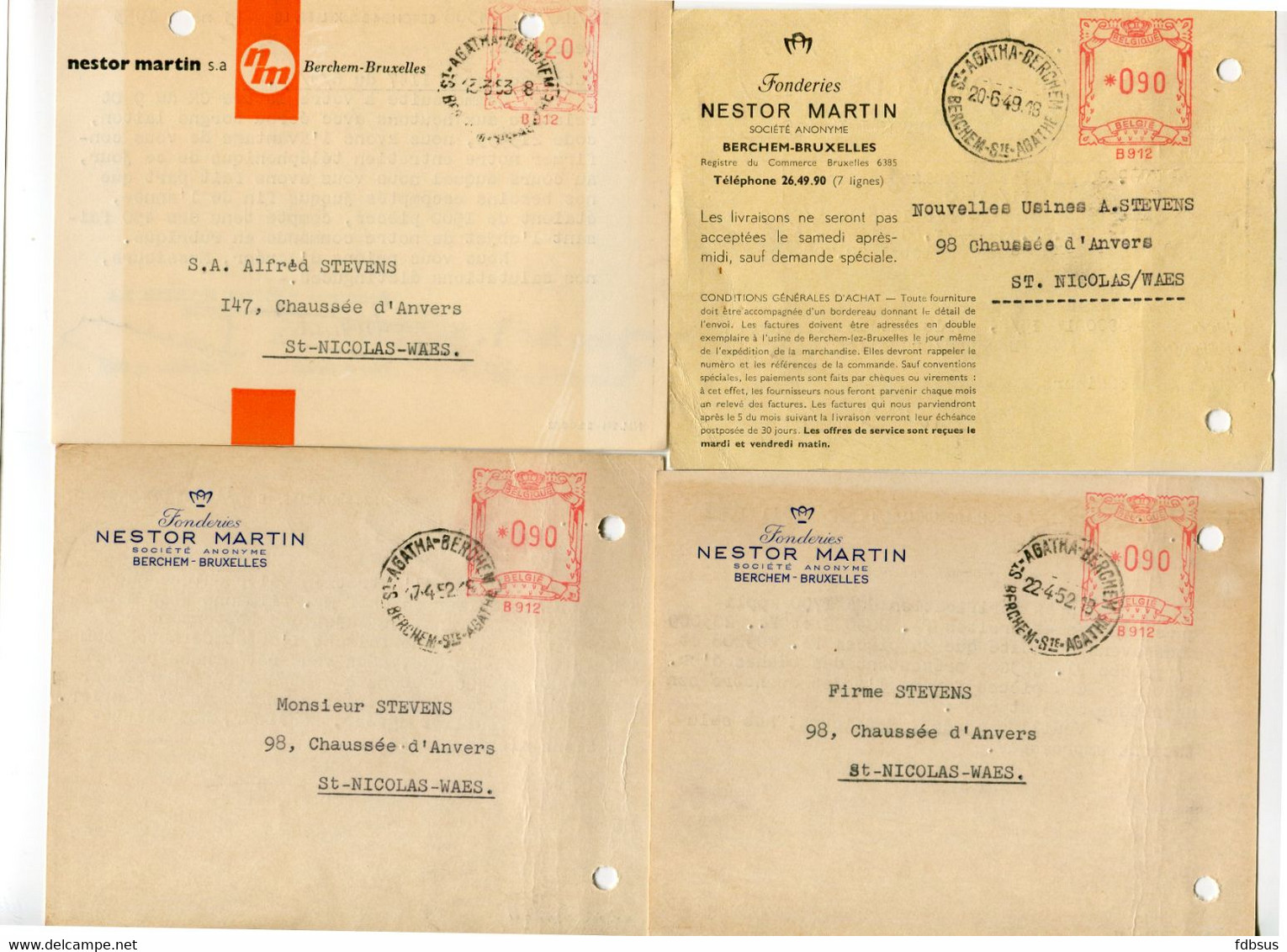 1949/53 4 Kaarten NESTOR MARTIN S.A. Berchem Bruxelles Fonderies  - Ref 127 - STEMPEL Sous Sequestre - ...-1959