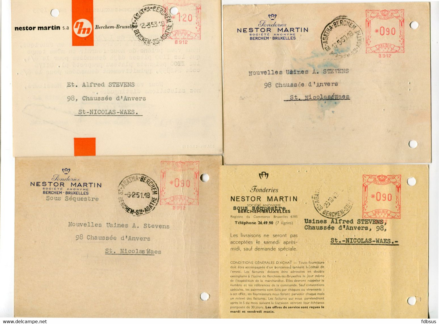 1949/53 4 Kaarten NESTOR MARTIN S.A. Berchem Bruxelles Fonderies  - Ref 126 - STEMPEL Sous Sequestre - ...-1959