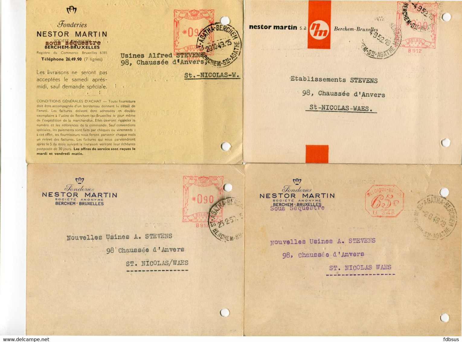 1948/52 4 Kaarten NESTOR MARTIN S.A. Berchem Bruxelles Fonderies  - Ref 124 - STEMPEL Sous Sequestre - ...-1959