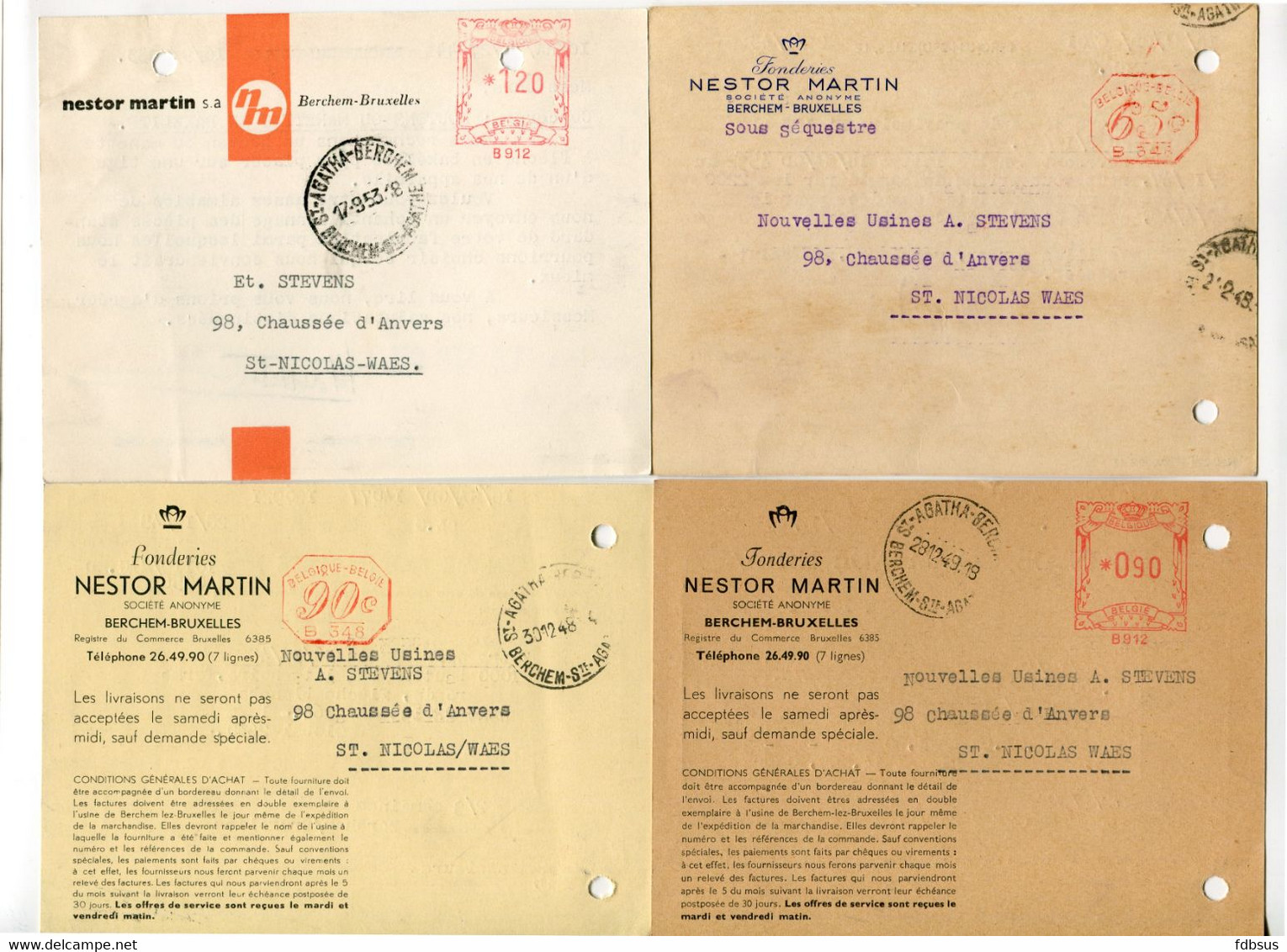 1948/53 4 Kaarten NESTOR MARTIN S.A. Berchem Bruxelles Fonderies  - Ref 123 - STEMPEL Sous Sequestre - ...-1959