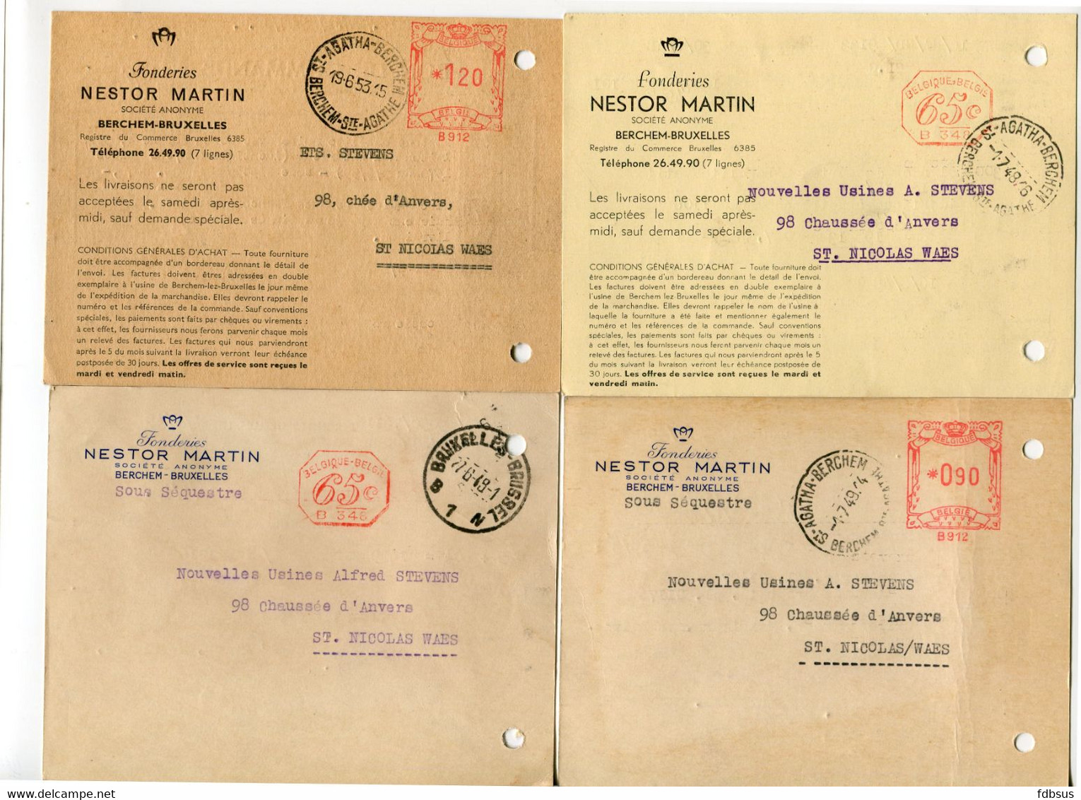 1948/53 4 Kaarten NESTOR MARTIN S.A. Berchem Bruxelles Fonderies  - Ref 129 - STEMPEL Sous Sequestre - ...-1959