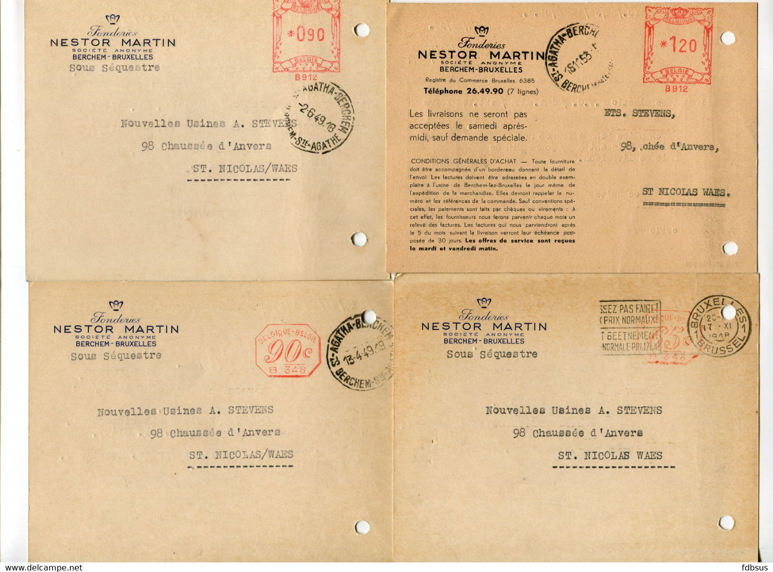 1948/53 4 Kaarten NESTOR MARTIN S.A. Berchem Bruxelles Fonderies  - Ref 131 - STEMPEL Sous Sequestre - ...-1959