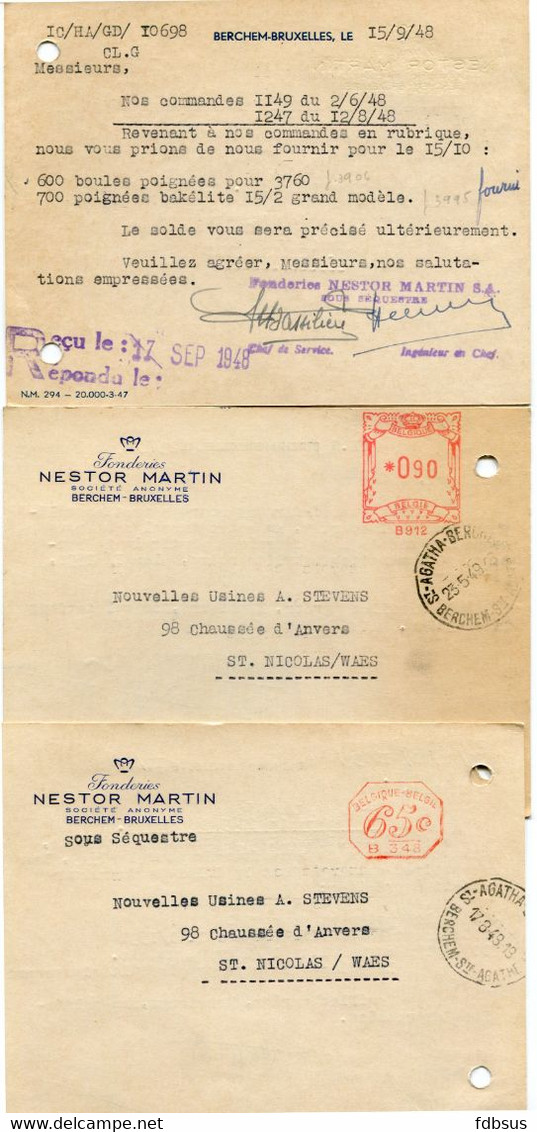 1948/49 3 Kaarten NESTOR MARTIN S.A. Berchem Bruxelles Fonderies  - Ref 132 - STEMPEL Sous Sequestre - ...-1959