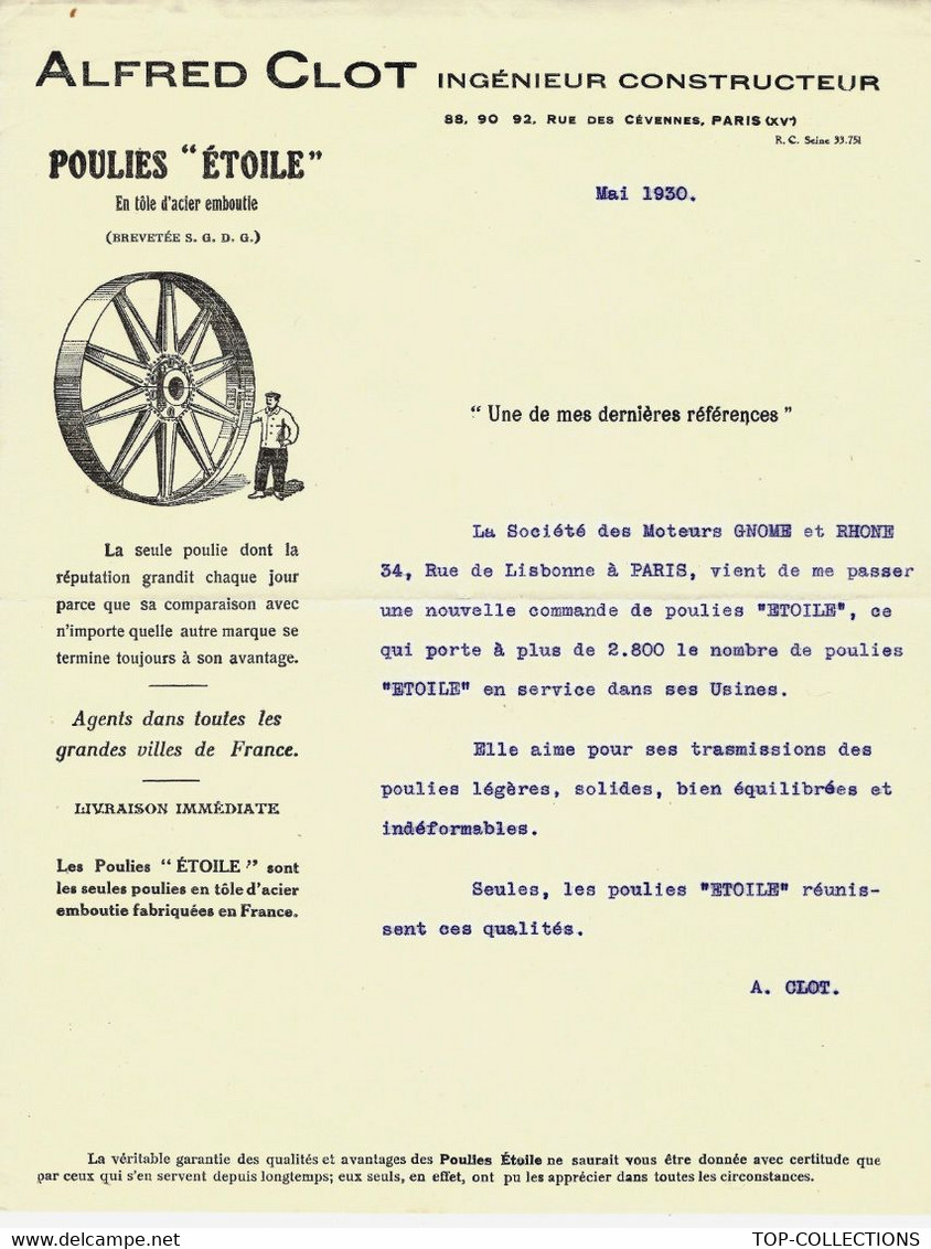 Paris 1930  INDUSTRIE POULIES ETOILE ALFRED CLOT INGENIEUR CONSTRUCTEUR Pour PUBLICITE MOTEURS GNOME RHONE V.SCANS - Werbung