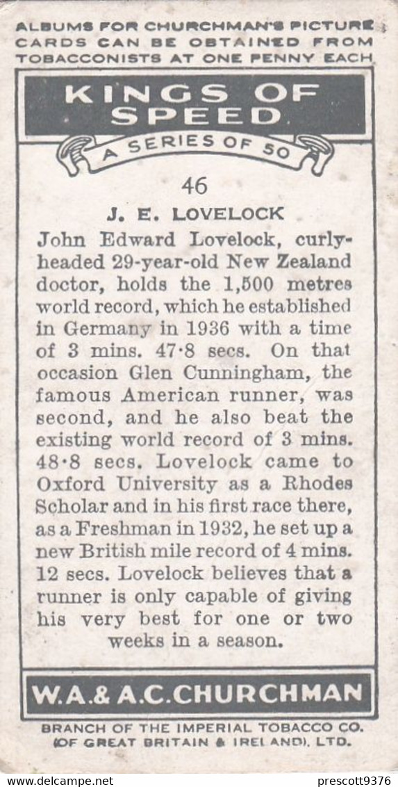Kings Of Speed 1939 - No46 John Lovelock, New Zealand, Athletics - Churchman Cigarette Card - Original - Churchman