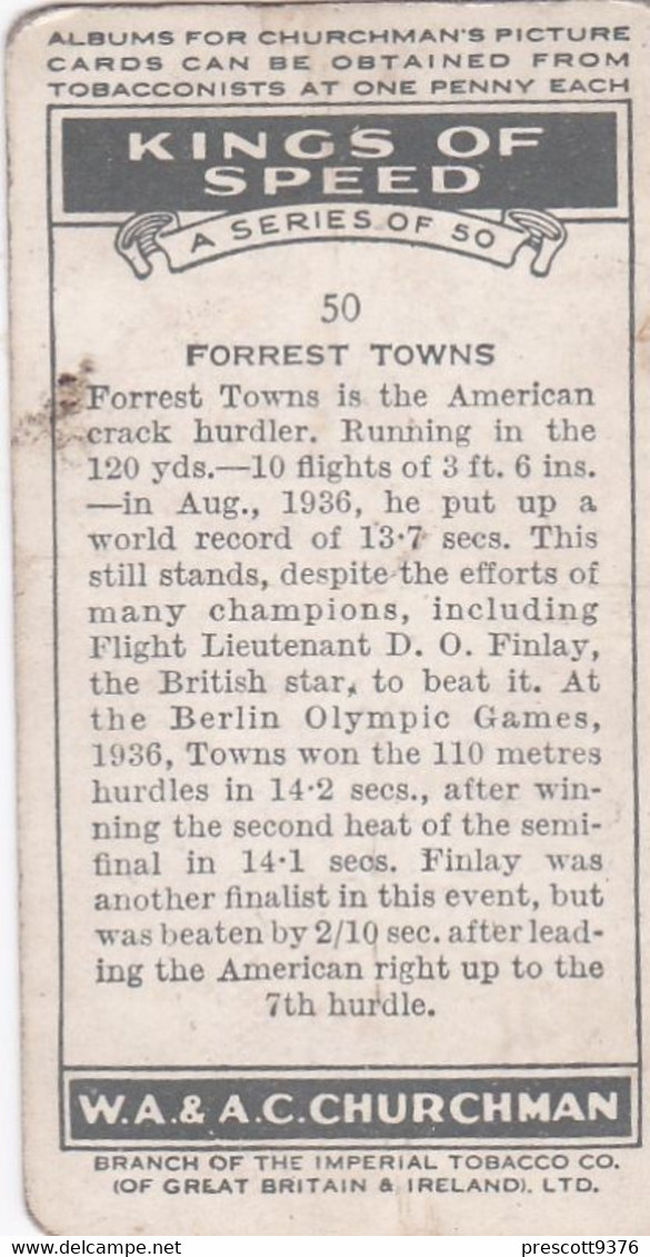 Kings Of Speed 1939 - No50 Forrest Towns, US Gold Medalist 1936 Olympics - Churchman Cigarette Card - Original - Churchman