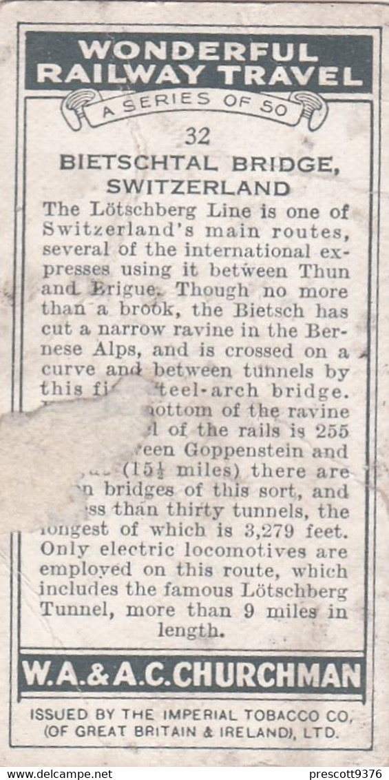 Wonderful Railway Travel 1937 - 32 Bietschtal Bridge Switzerland - Churchman Cigarette Card - Original - Churchman