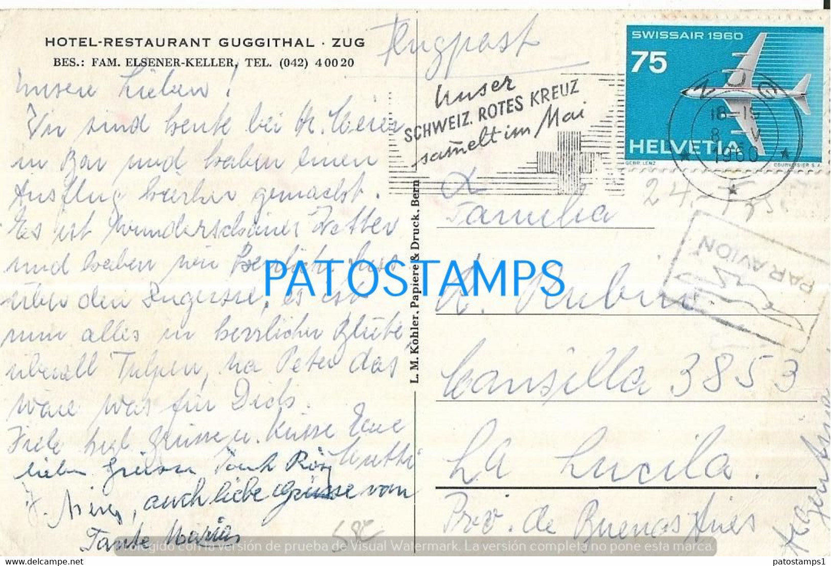 189375 SWITZERLAND ZUG HOTEL RESTAURANT GUGGITHAL CIRCULATED TO ARGENTINA  POSTAL POSTCARD - Thal