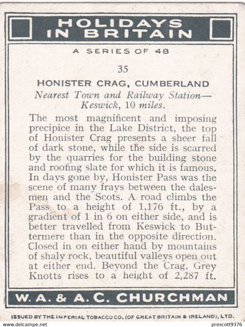 Holidays In Britain 1937 -  35 Honister Crag, Cumberland - Churchman - View & Map - M Size - Churchman