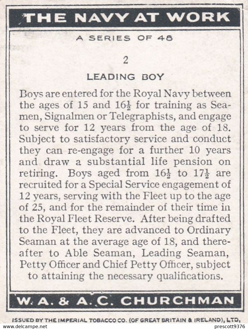 The Navy At Work 1937 -  2 Leading Boy - Churchman - Military - M Size - Ranks - Badges - Churchman