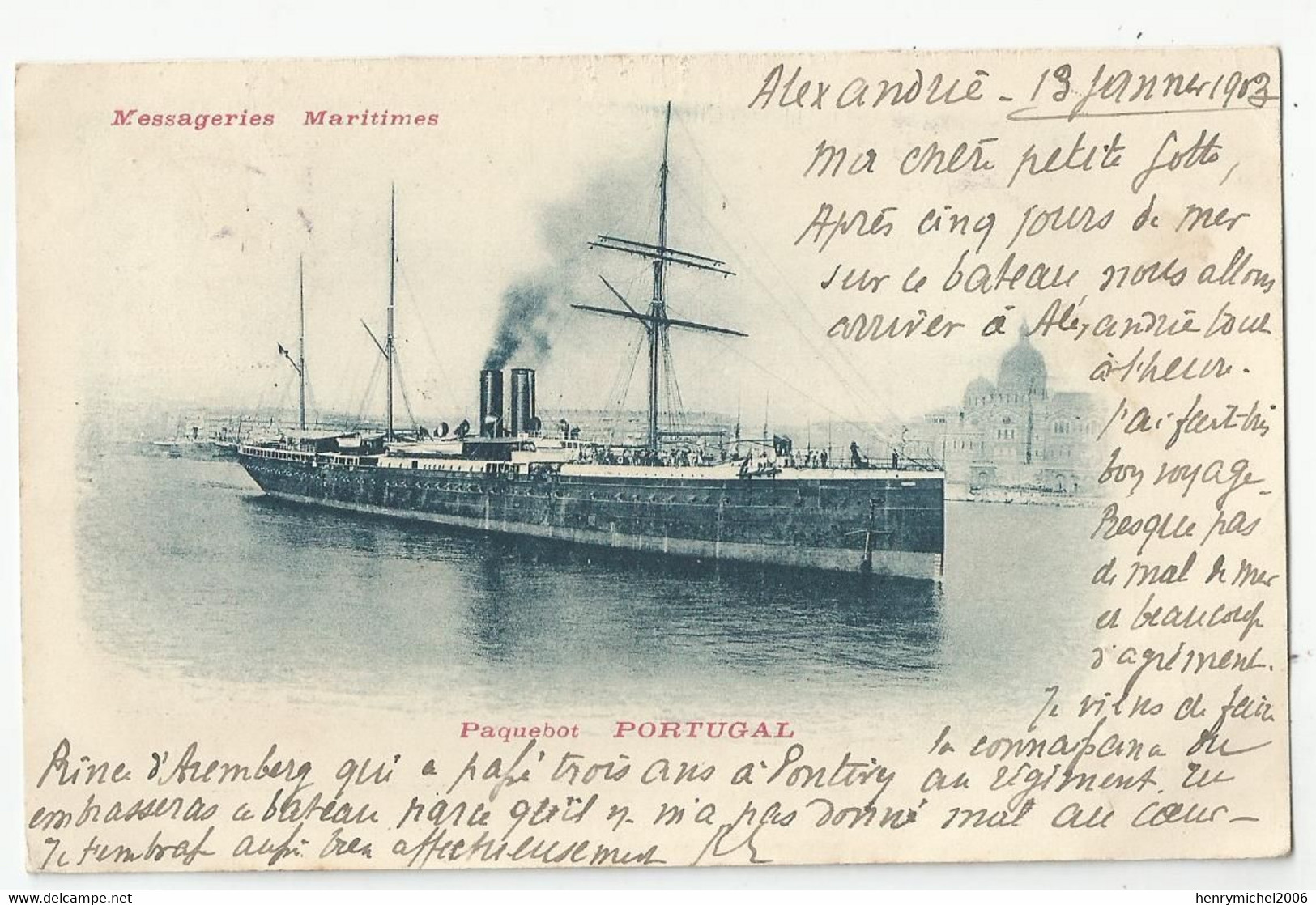 Cpa Bateau Paquebot Portugal Des Messageries Maritimes Départ D'alenxandrie Egypte 1903 Pour Autun 71 Cachet Bm - Steamers