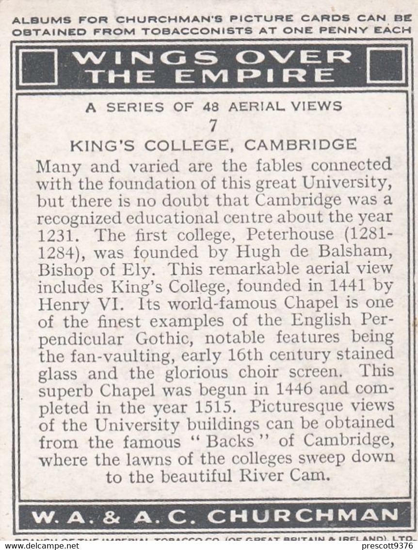 Wings Over The Empire 1939 - 7 Kings College Cambridge - Churchman - M Size - Aerial Views - Churchman