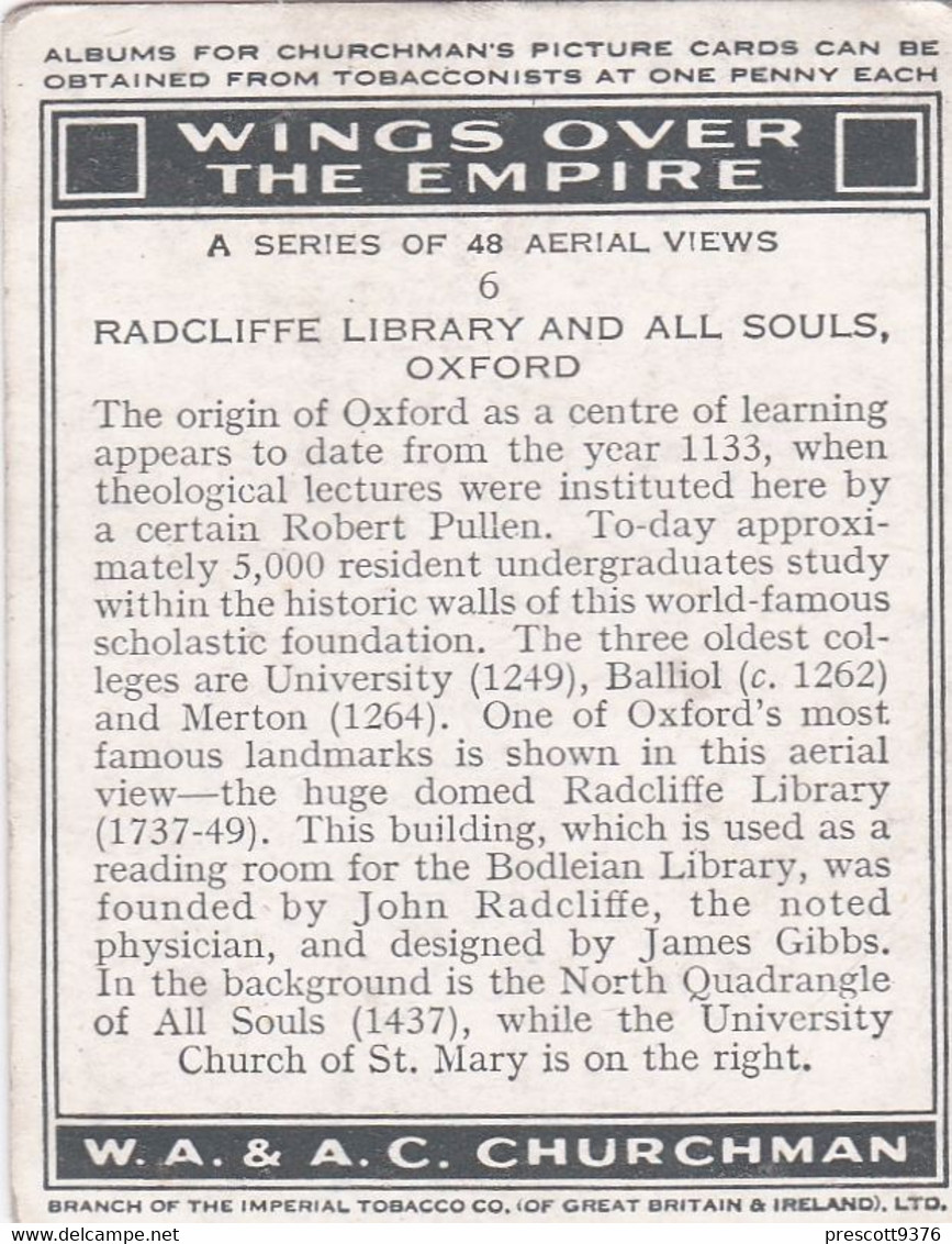 Wings Over The Empire 1939 - 6 Radcliffe Library & All Souls Oxford - Churchman - M Size - Aerial Views - Churchman