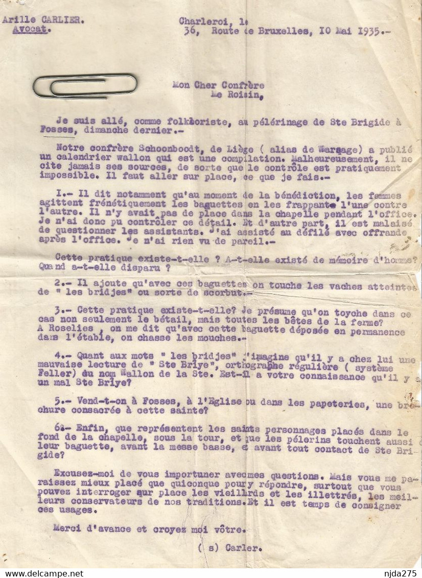 Fosses La Ville :Courrier Entre 2 Avocats Dont Maître Roisin (1935) Avocat à Fosses Concernant Le Pélérinage Ste Brigide - Religión & Esoterismo