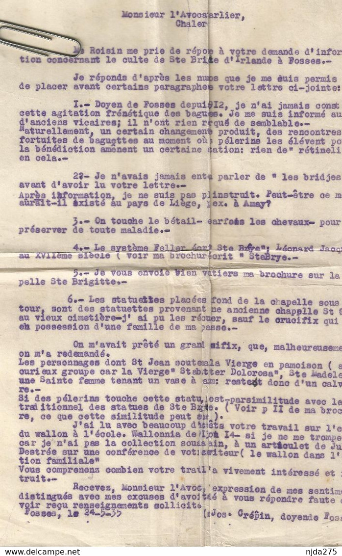 Fosses La Ville :Courrier Entre 2 Avocats Dont Maître Roisin (1935) Avocat à Fosses Concernant Le Pélérinage Ste Brigide - Religión & Esoterismo