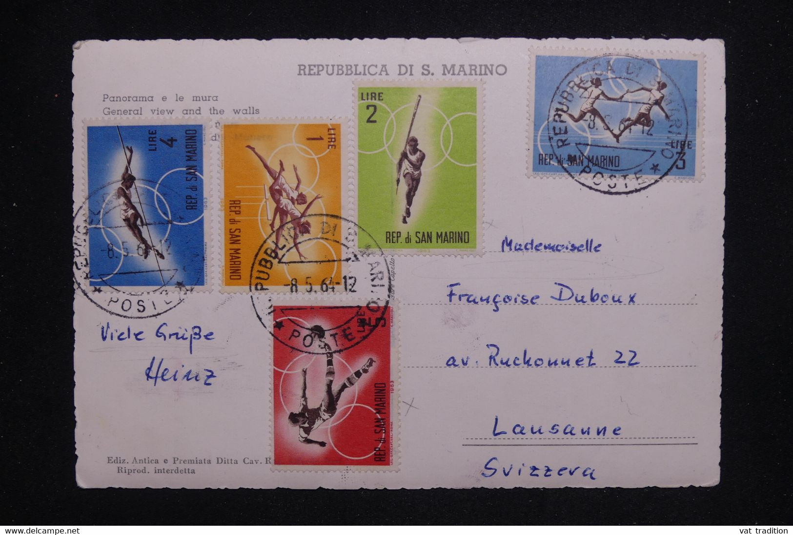 SAINT MARIN - Affranchissement Jeux Olympiques En 1964 Sur Carte Postale Pour La Suisse - L 125619 - Cartas & Documentos