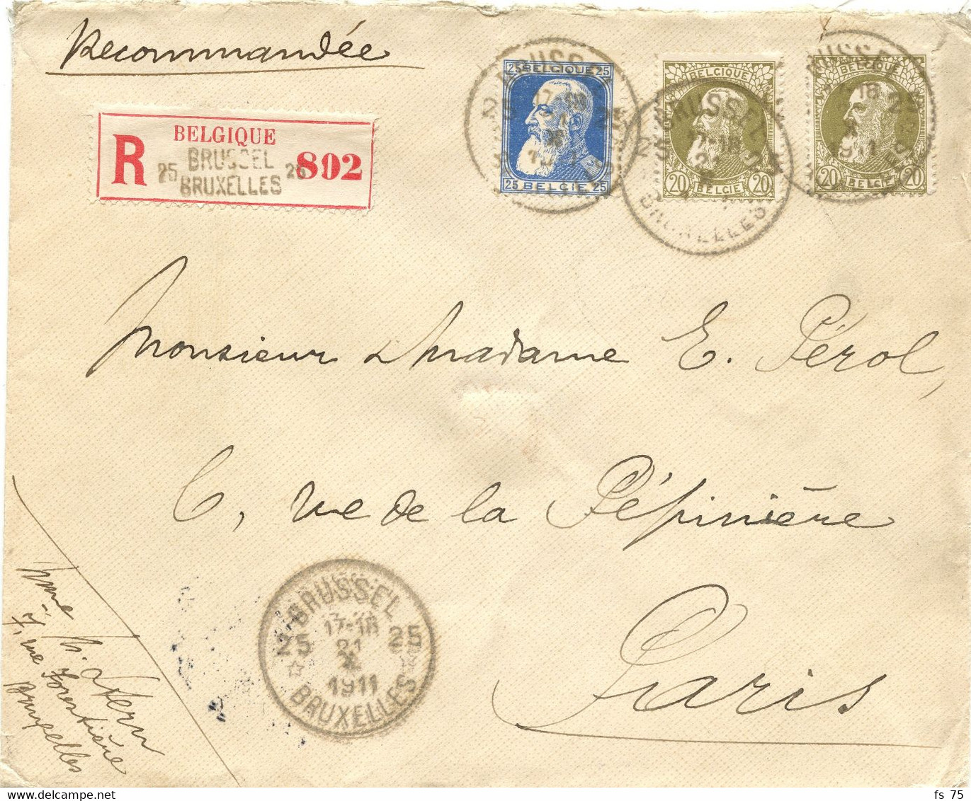 BELGIQUE - COB 74+75X2 SIMPLE CERCLE BILINGUE D'AGENCE BRUXELLES 25* SUR LETTRE RECOMMANDEE POUR PARIS, 1911 - 1905 Barbas Largas