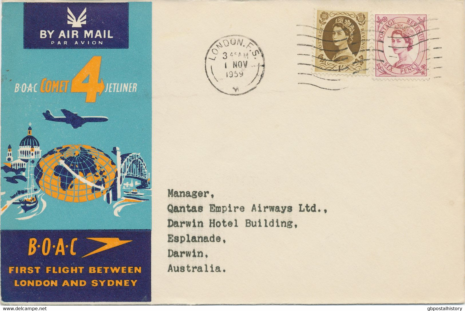 GB 1959 QEII 6d & 1sh Rare Mixed Postage On B.O.A.C. Britannia Jet-Prop Airliner, Superb Maiden Flight "LONDON - DARWIN" - Cartas & Documentos