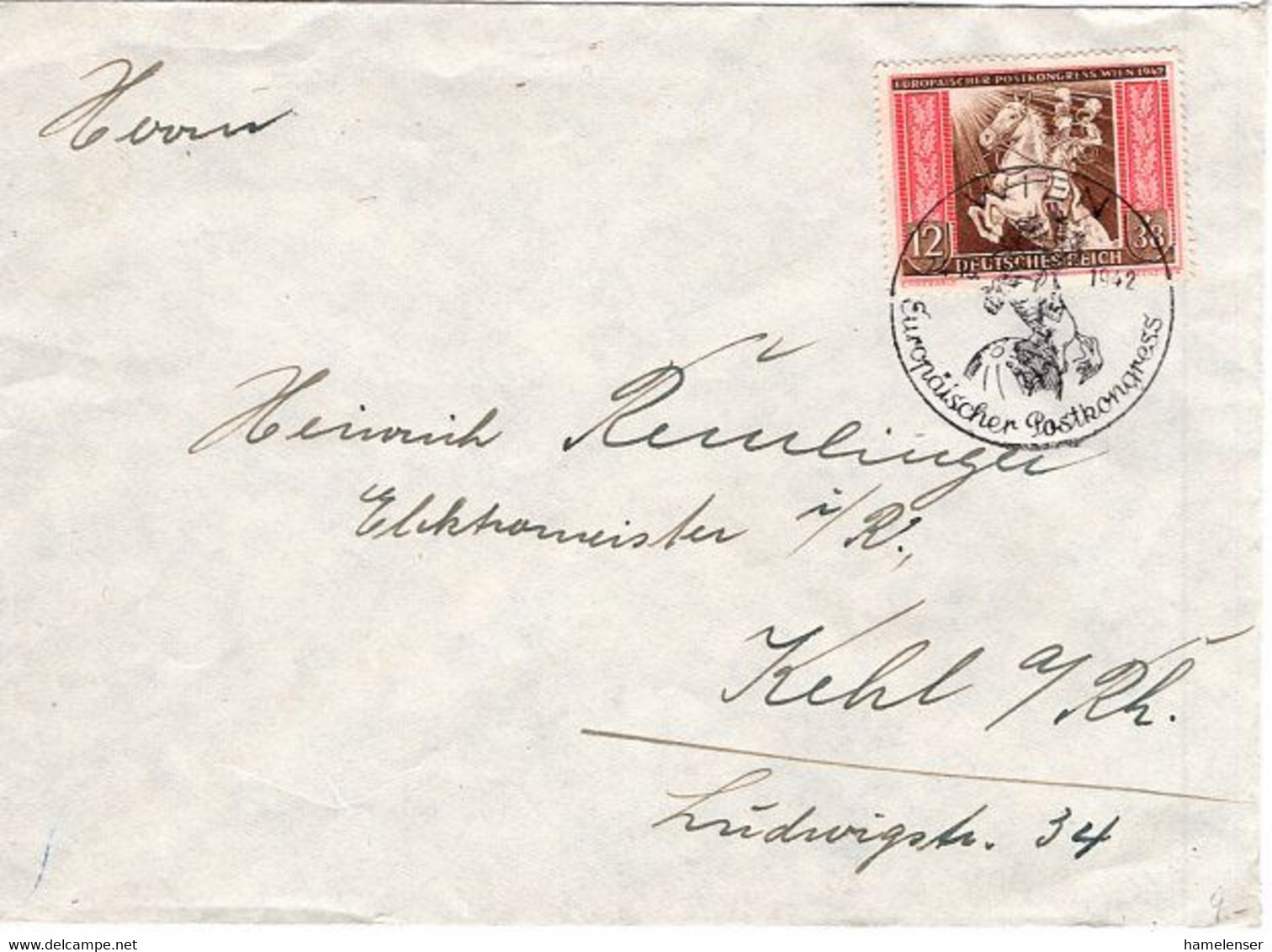 52910 - Deutsches Reich - 1942 - 12Pfg Postkongress EF A Bf SoStpl WIEN - EUROPAEISCHER POSTKONGRESS -> Kehl - Post