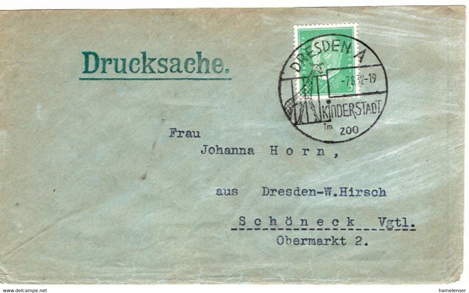 52920 - Deutsches Reich - 1932 - 5Pfg Hindenburg EF A DrucksBf DRESDEN - KINDERSTADT IM ZOO -> Schoeneck - Giraffes