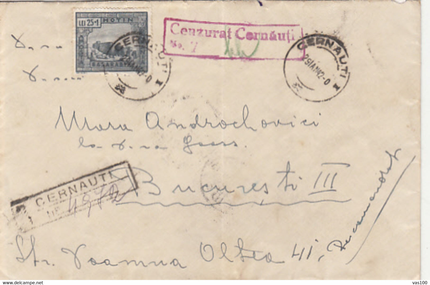 WW2 LETTER, CENSORED CERNAUTI NR 7, KHOTYN FORTRESS-BESSARABIA STAMP ON REGISTERED COVER, 1942, ROMANIA - 2de Wereldoorlog (Brieven)