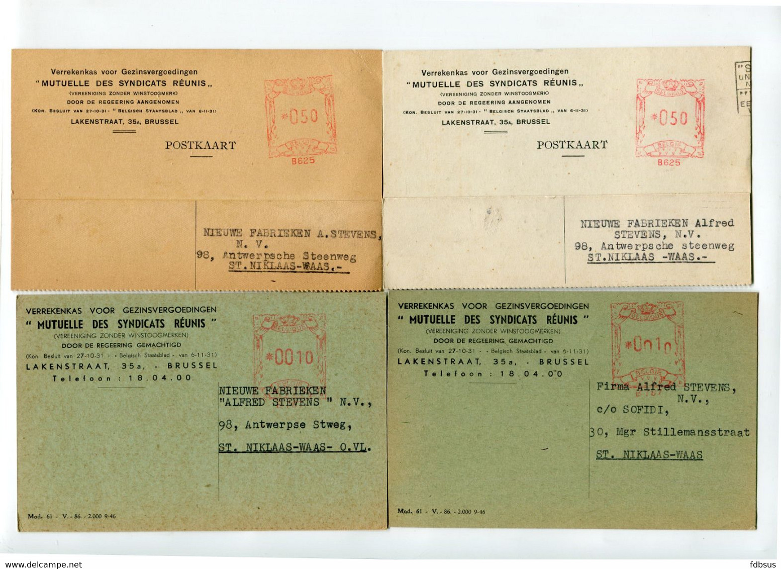 1944/48 4 Kaarten GEZINSVERGOEDINGEN - GEBOORTEPREMIEN Brussel Naar St Niklaas - Ref 9 - ...-1959