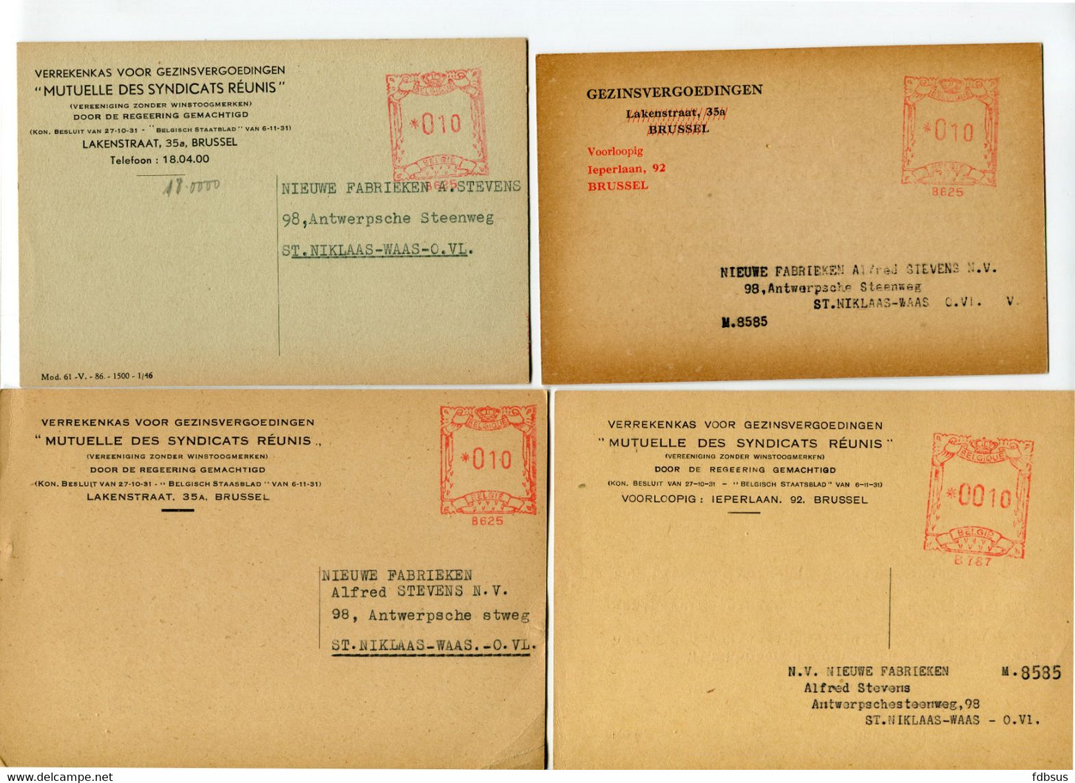 4 Kaarten GEZINSVERGOEDINGEN - GEBOORTEPREMIEN Brussel - MUTUELLE SYNDICATS REUNIS - Ref 13 - ...-1959