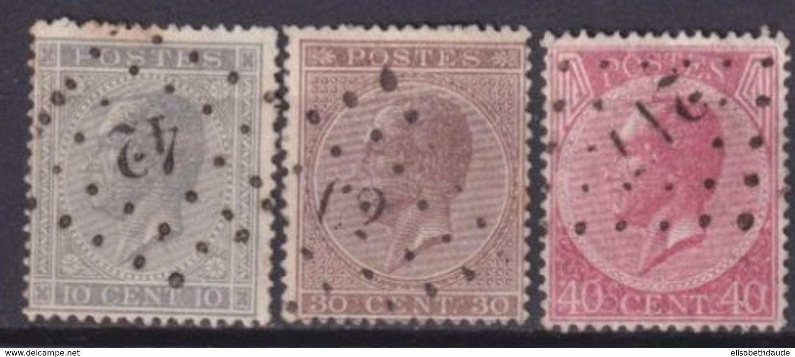 BELGIQUE - 1865 - YVERT N° 17+19/20 OBLITERES - COTE = 33.5 EUR. - 1865-1866 Profilo Sinistro